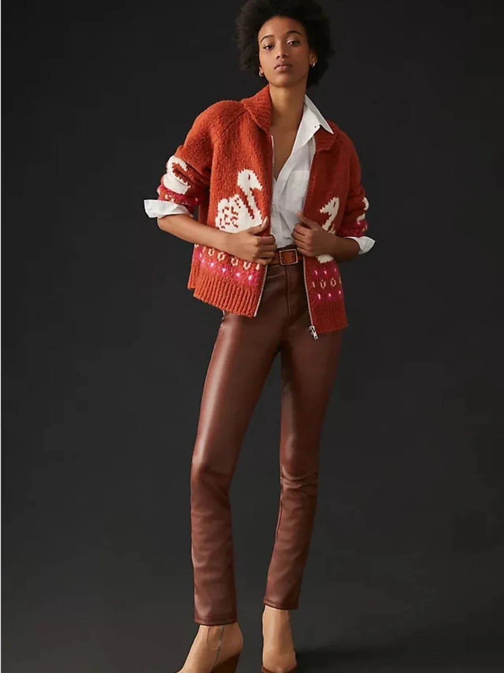 Anthropologie Swan Intarsia Zip Cardigan Rust Wool Blend Novelty Sweater Jacket - Picture 2 of 16